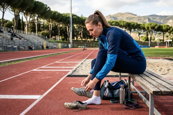 Dariya Derkach durante una sessione di salto triplo in pista