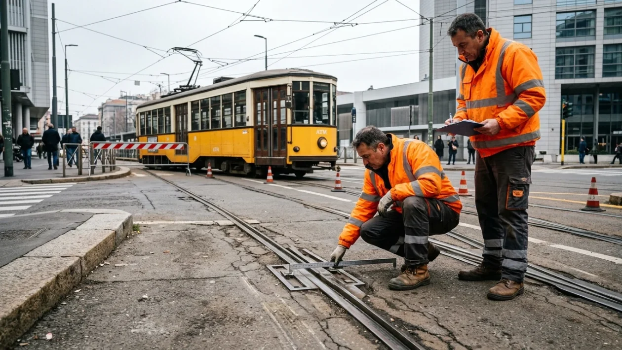Binari del tram e deviatoio in una piazza di Milano