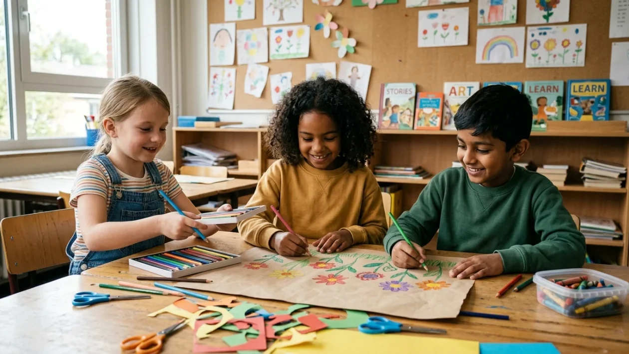 Bambini della scuola primaria seduti in cerchio che condividono disegni sulle diverse tradizioni religiose