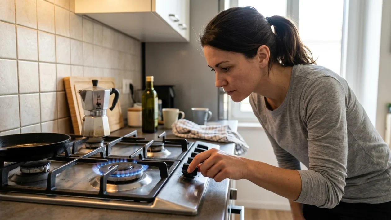 Fiamma blu di un fornello a gas domestico alimentato a gas naturale