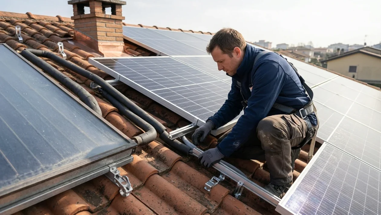 Confronto tra impianto solare termico per acqua calda e pannelli fotovoltaici su un tetto residenziale