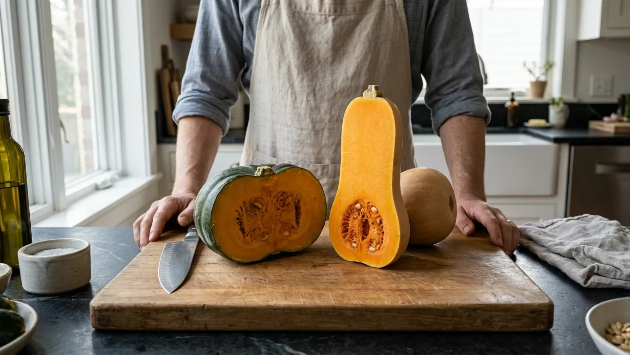 Zucca Delica verde e zucca Butternut a forma di pera affiancate su un piano da cucina in legno