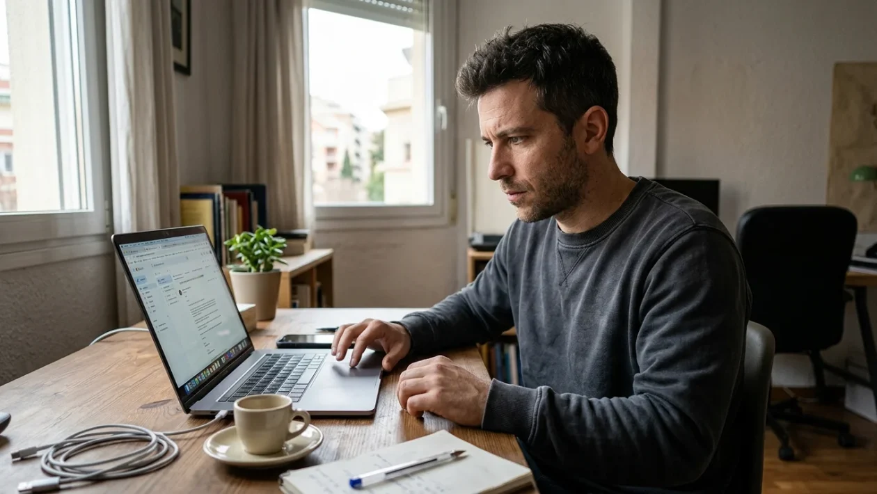 Lavoratore che compila la procedura di dimissioni online tramite computer portatile