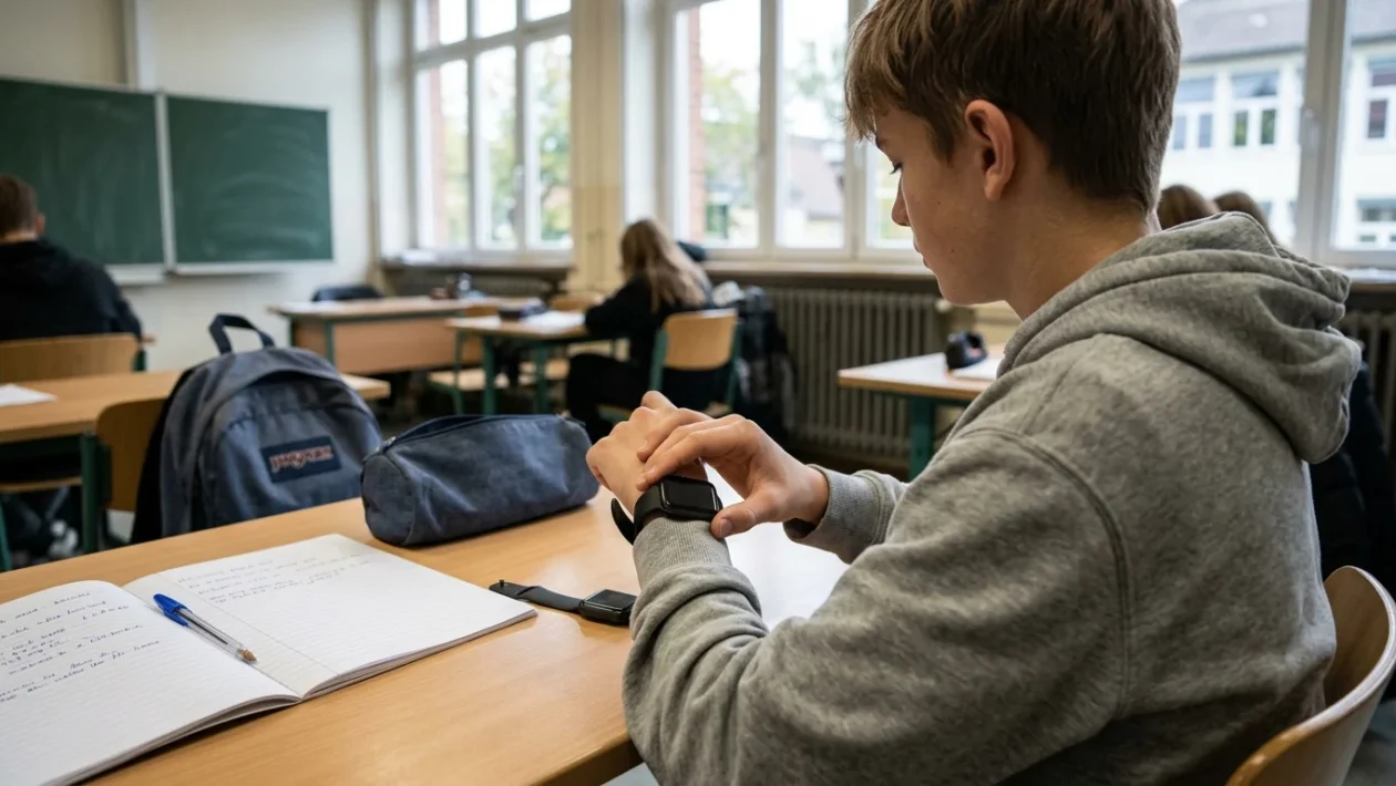 Uno studente indossa uno smartwatch al polso seduto al banco durante una lezione in classe