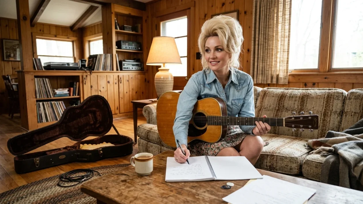 Dolly Parton sorridente durante un'esibizione con la sua chitarra classica