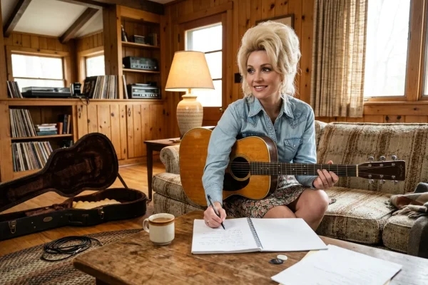 Dolly Parton sorridente durante un'esibizione con la sua chitarra classica