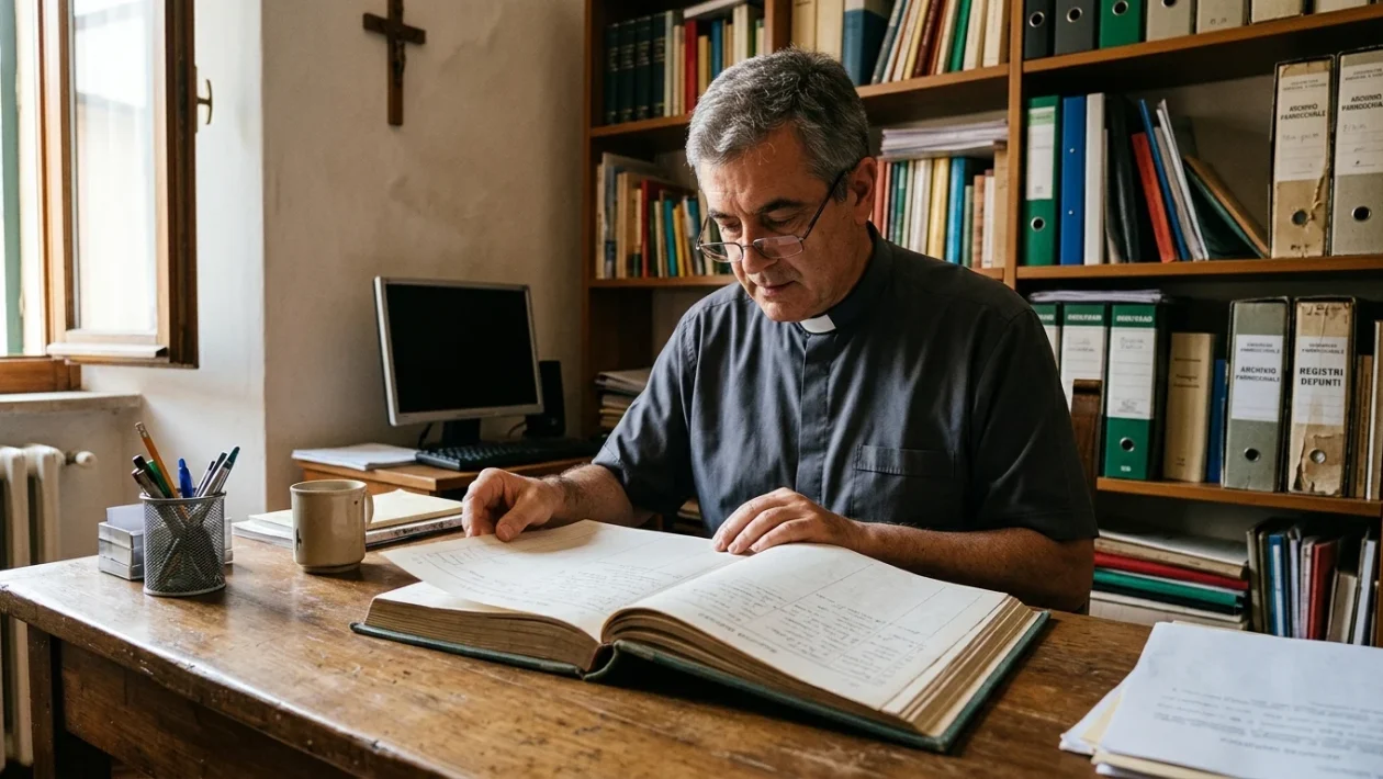 Interno di una chiesa parrocchiale con altare e banco liturgico