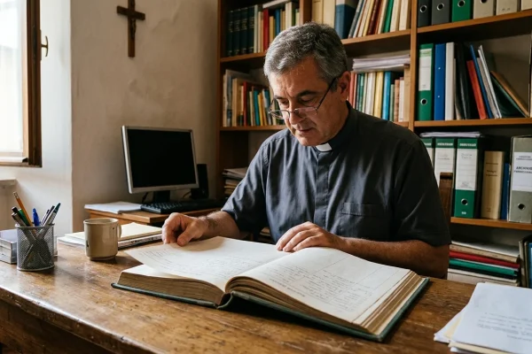 Interno di una chiesa parrocchiale con altare e banco liturgico