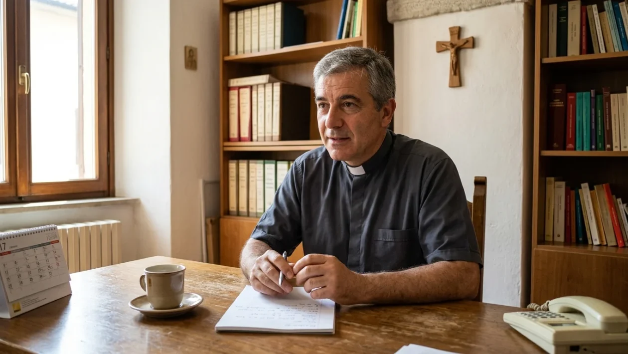 Un sacerdote con abito pastorale all'interno di un edificio parrocchiale