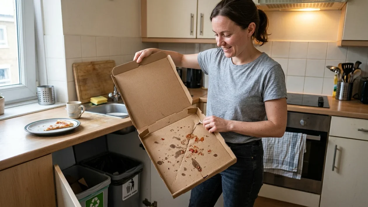 Scatola di cartone della pizza aperta su un tavolo prima della differenziazione
