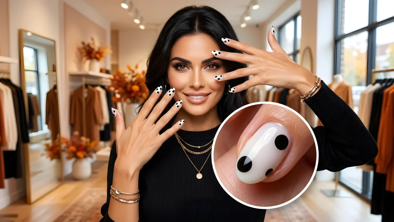 Manicure polka dot nails con pois neri su base bianco latte sfoggiata da Dua Lipa