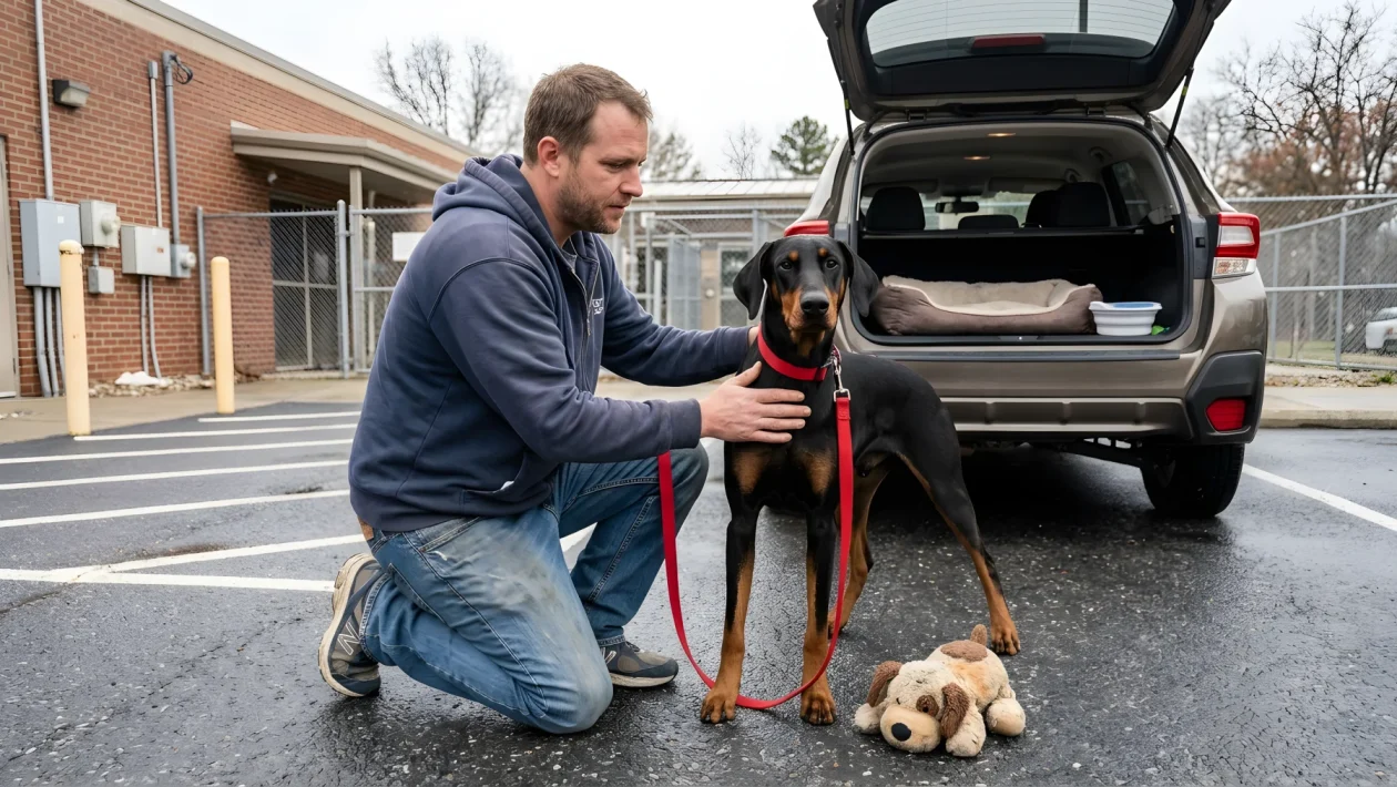 Il cane Dobermann Rocky al rifugio per animali