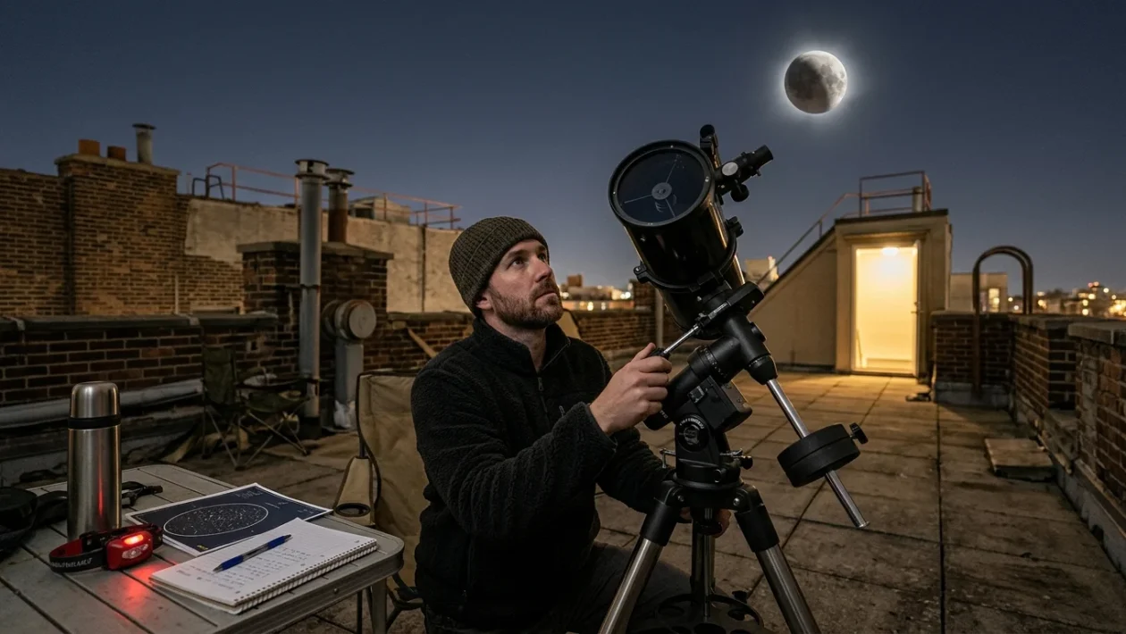 Eclissi lunare parziale con parte del disco lunare oscurato dall'ombra della Terra