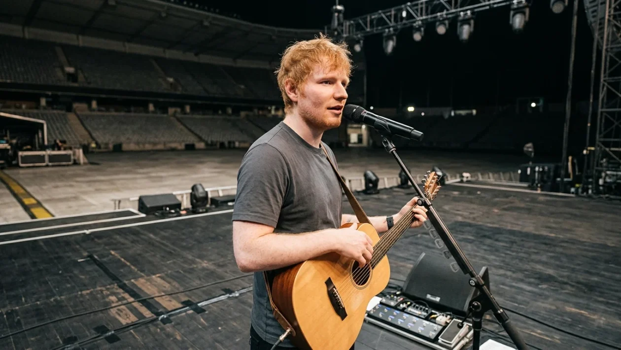 Ed Sheeran si esibisce da solo con la chitarra sul palco di uno stadio
