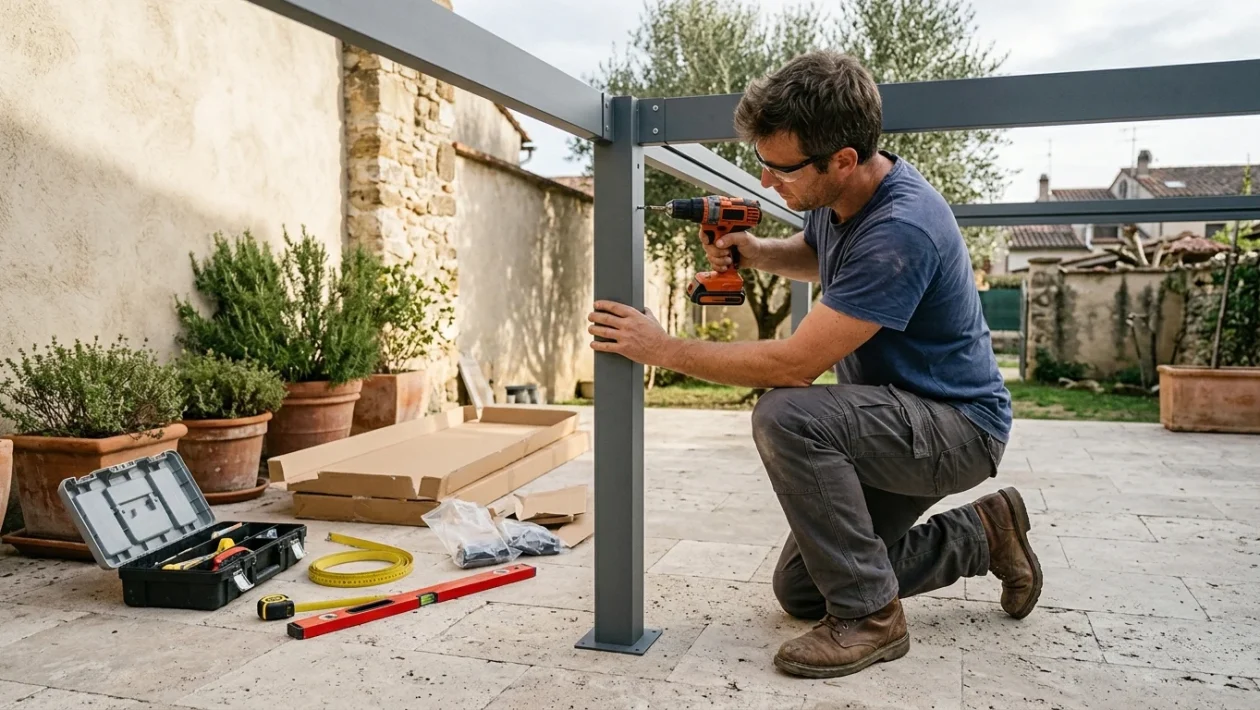 Giardino di una casa privata con pergolato moderno in legno e pavimentazione esterna