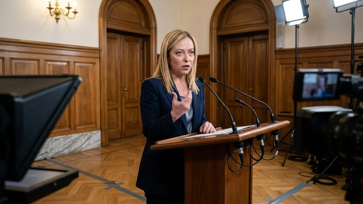 Giorgia Meloni in conferenza stampa a Palazzo Chigi con la maggioranza