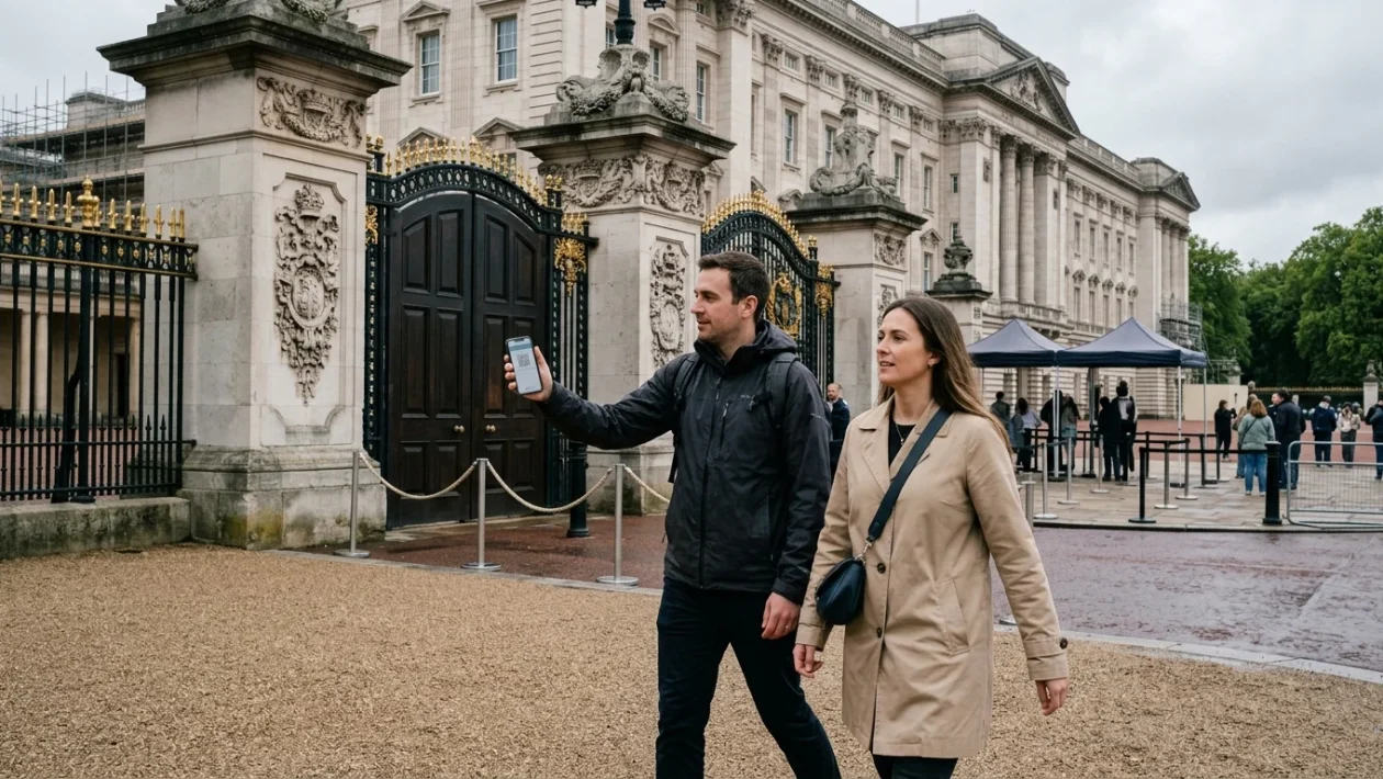 Facciata maestosa di Buckingham Palace a Londra con i cancelli reali