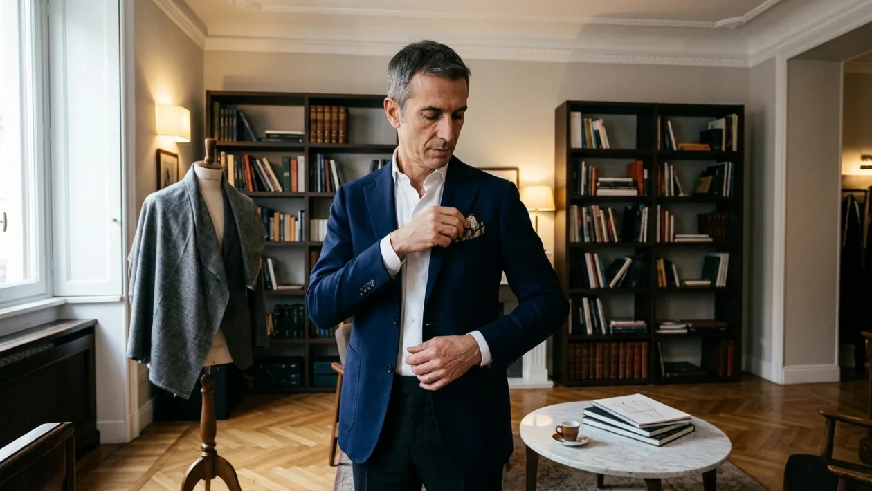 Enzo Miccio in abito sartoriale elegante durante un evento pubblico