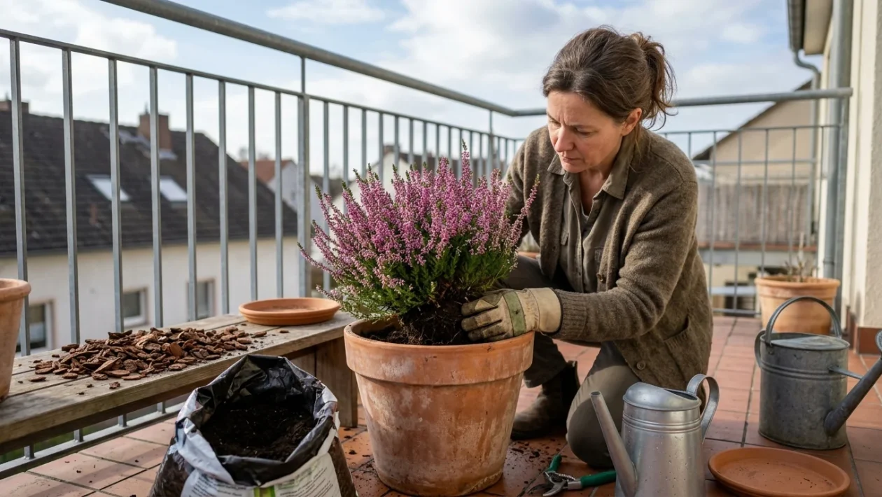 Pianta di erica calluna in vaso su un balcone esterno con abbondanti fiori viola