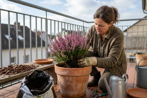 Pianta di erica calluna in vaso su un balcone esterno con abbondanti fiori viola