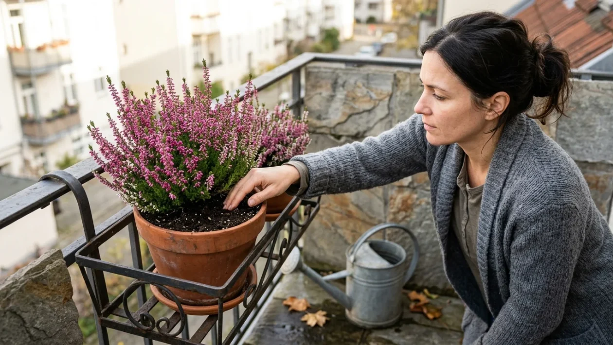 Dettaglio ravvicinato di una pianta di erica in fiore con piccoli boccioli rosa e violacei