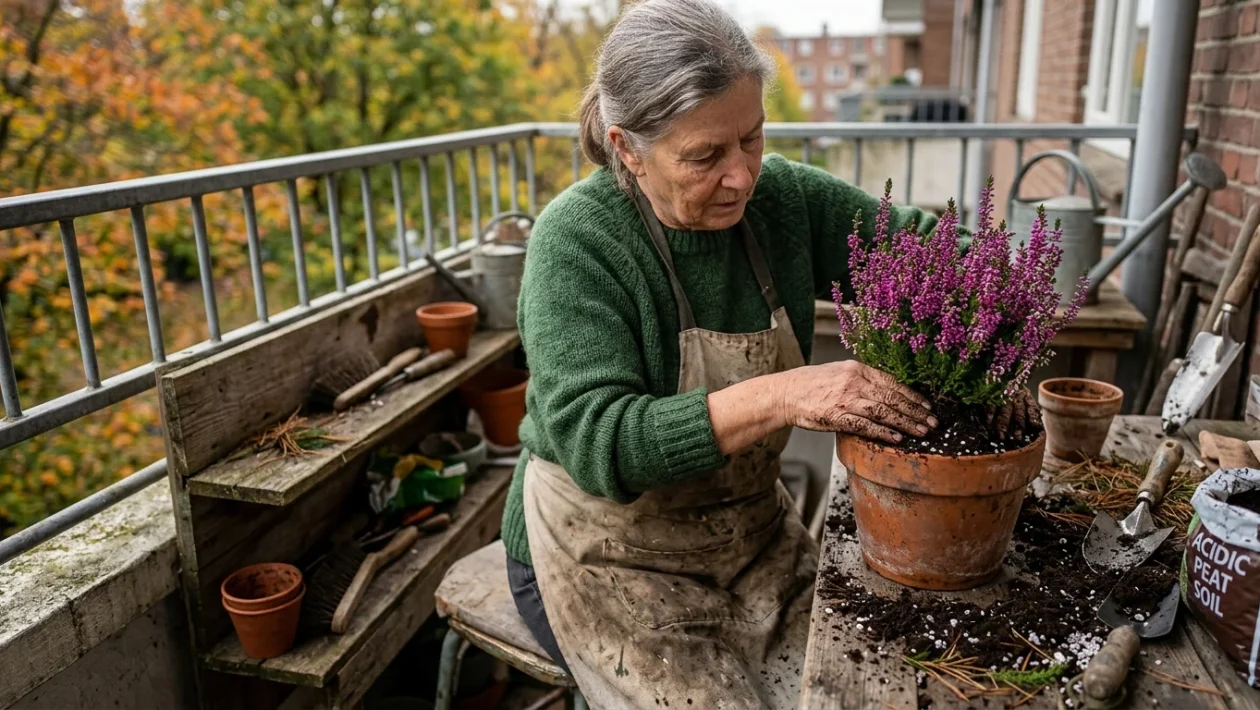 Pianta di erica calluna in fiore coltivata in vaso con terriccio acido
