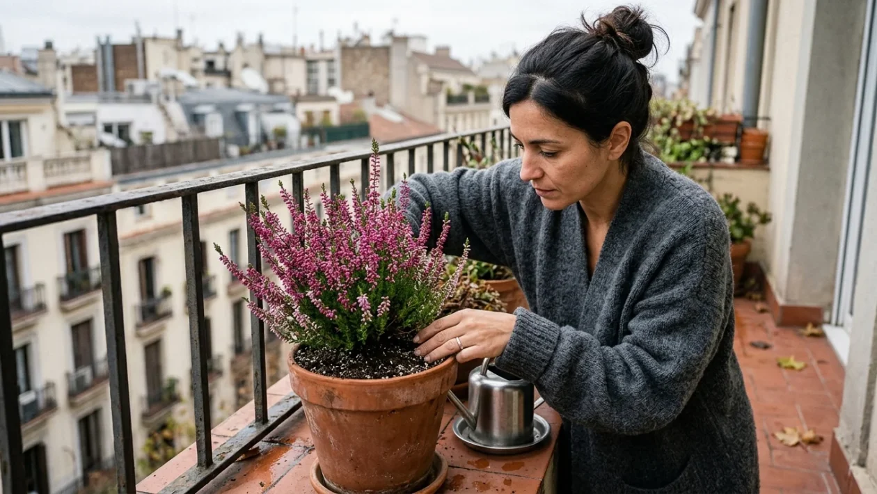 Vaso rigoglioso di erica fiorita con piccoli fiori rosa e viola sistemato su un balcone esterno