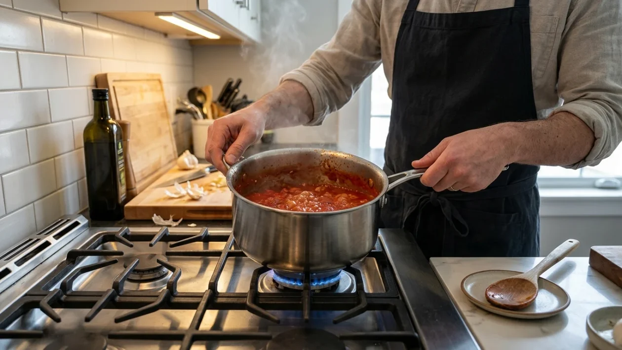 Sugo di pomodoro fresco che sobbolle lentamente in una casseruola sul fuoco