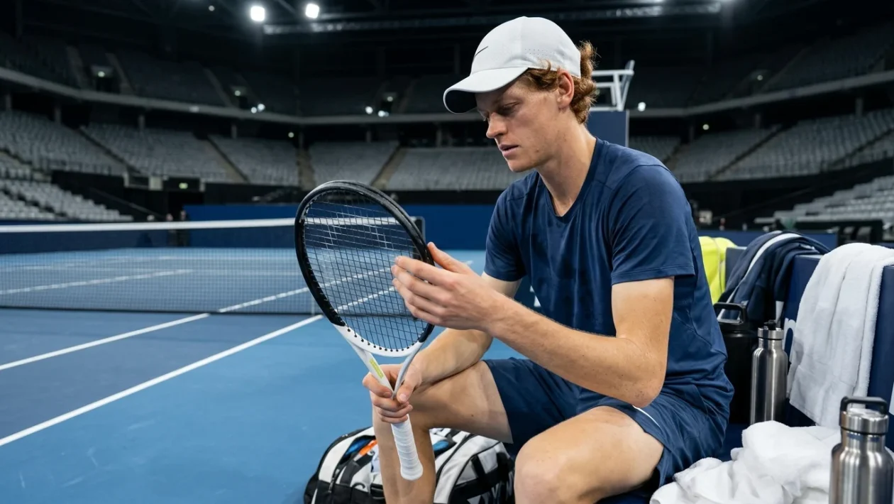 Jannik Sinner in azione su campo indoor da tennis