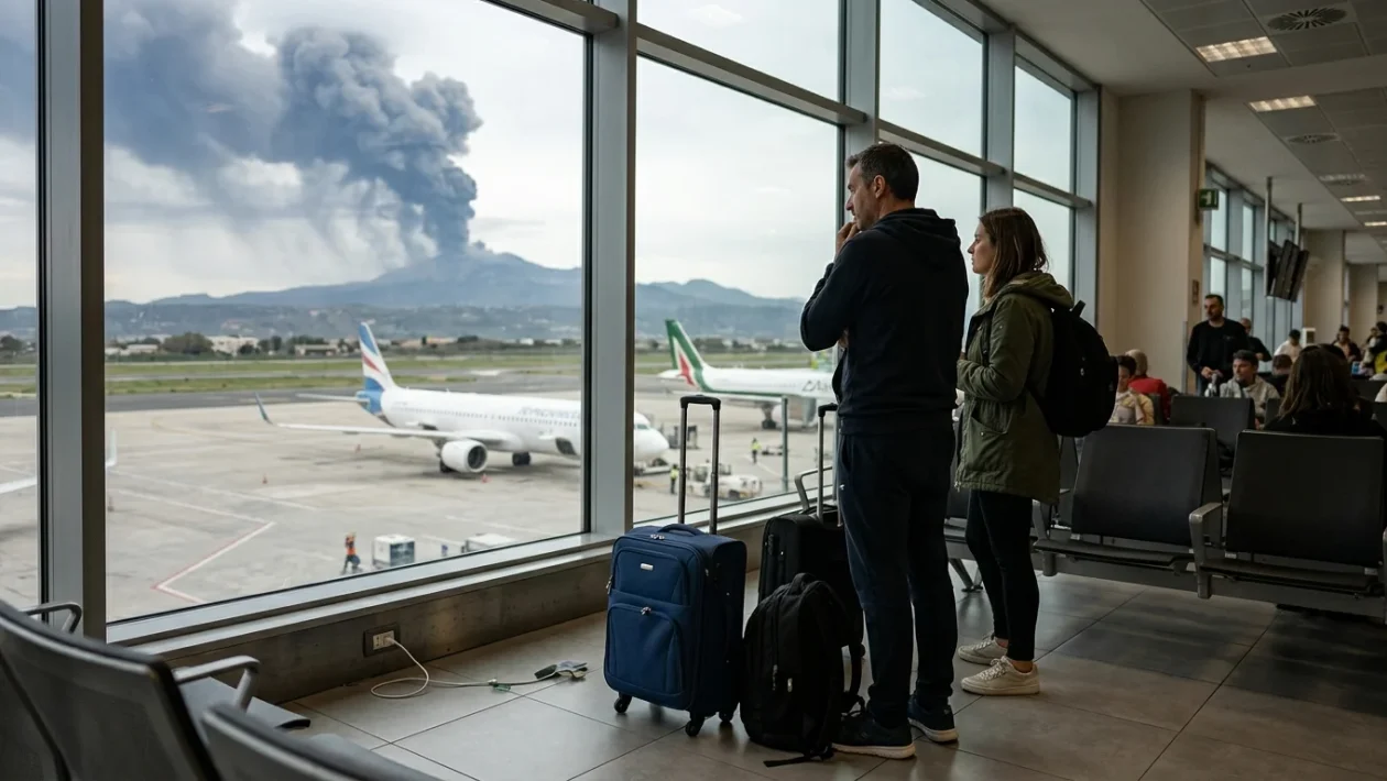 Colonna di cenere vulcanica provocata dall'eruzione dell'Etna sopra l'aeroporto di Catania
