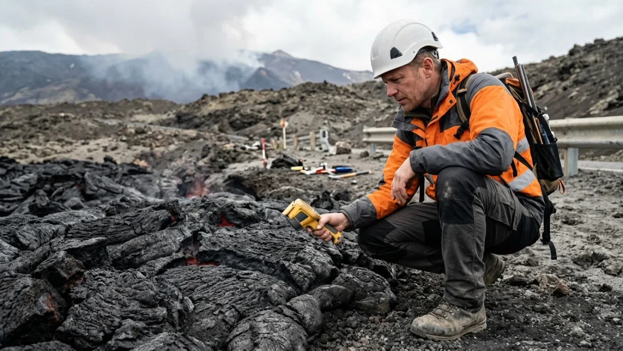 Colata lavica incandescente e pennacchio eruttivo durante l'eruzione del vulcano Etna