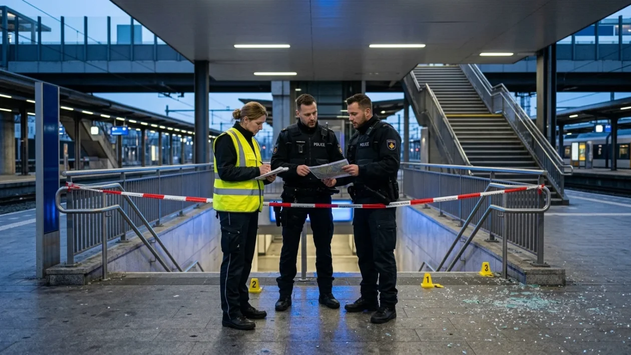 La stazione centrale di Augusta in Germania transennata dalle forze dell'ordine
