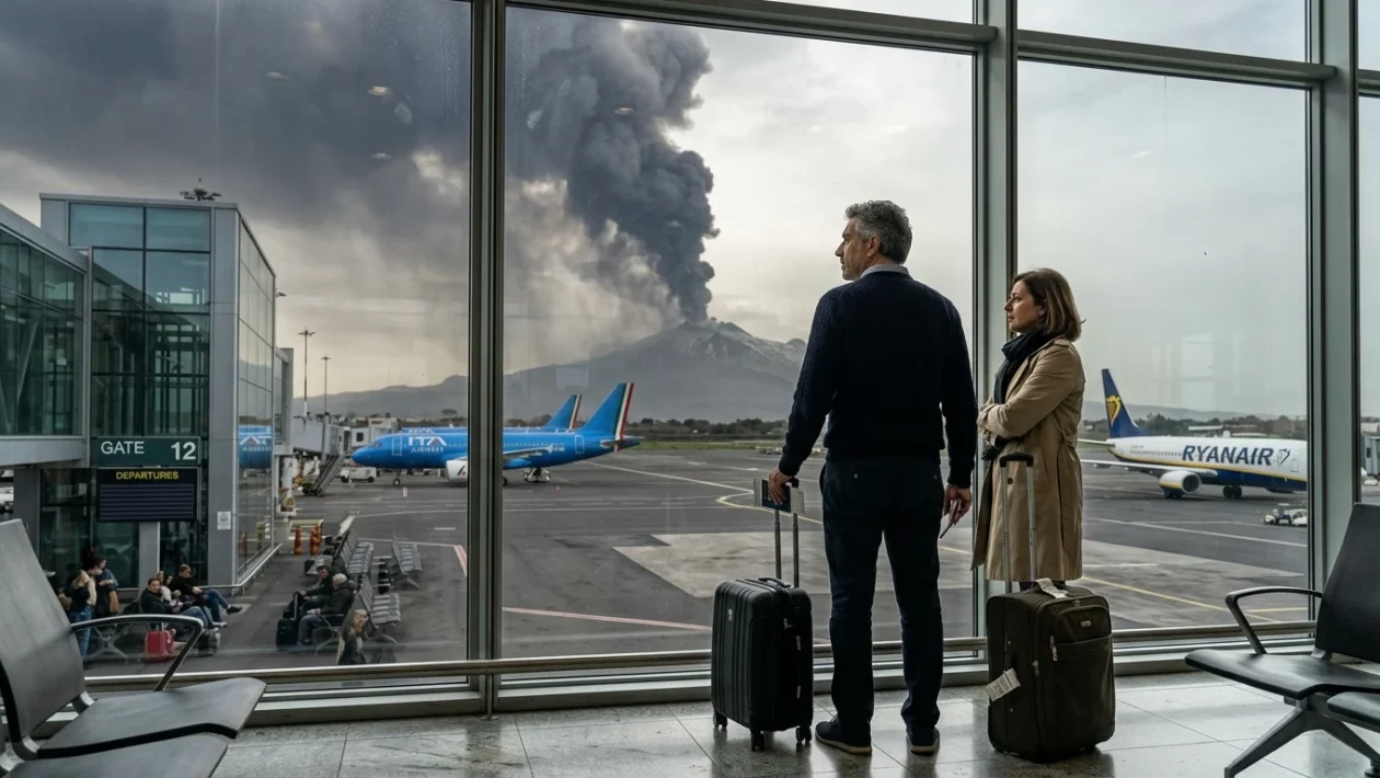 Pista dell'aeroporto di Catania con la nube di cenere dell'Etna all'orizzonte
