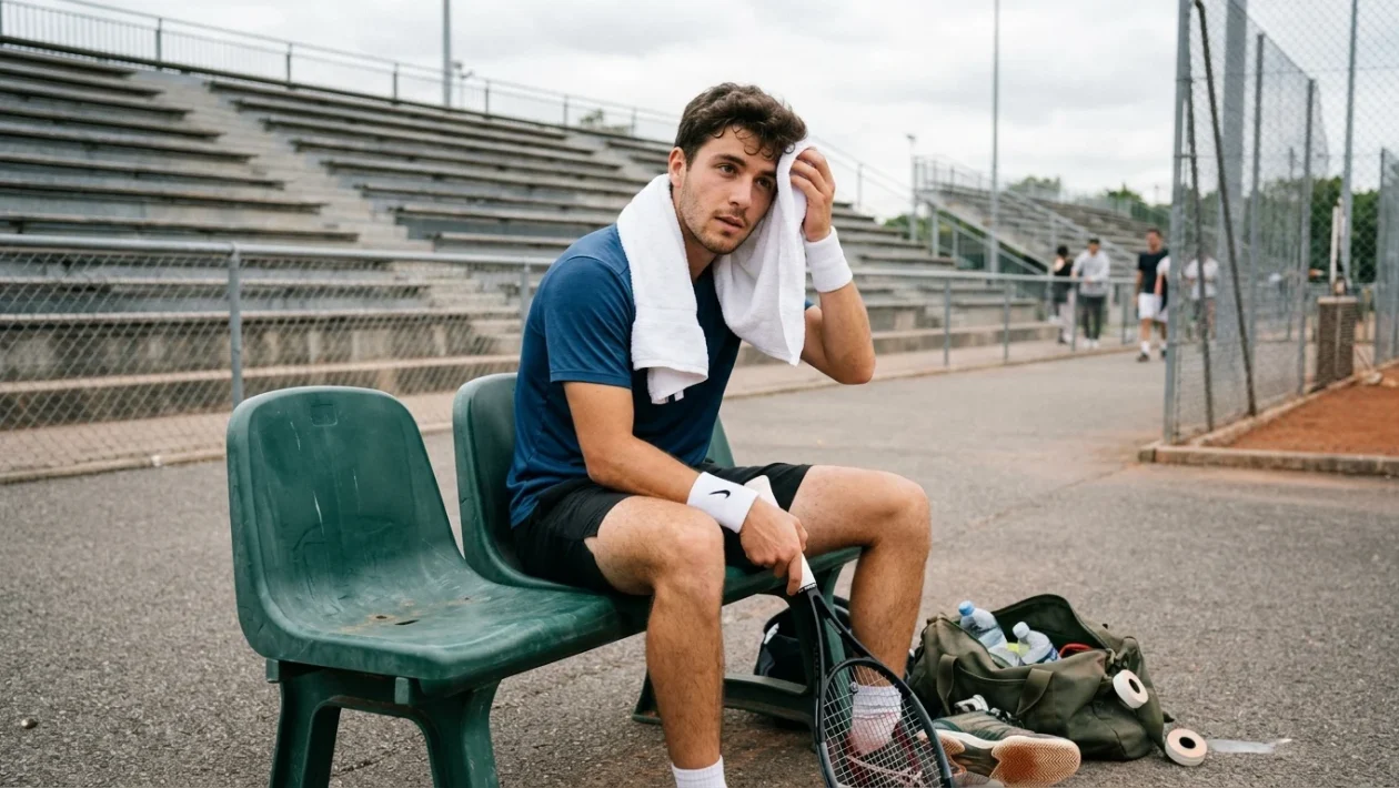 Federico Cinà colpisce di dritto durante un torneo professionistico