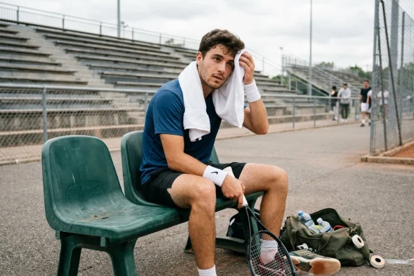Federico Cinà colpisce di dritto durante un torneo professionistico