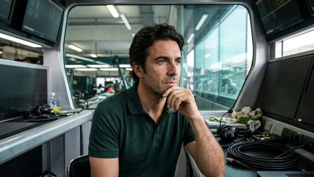 Fernando Alonso nel box Aston Martin durante un weekend di gara di Formula 1
