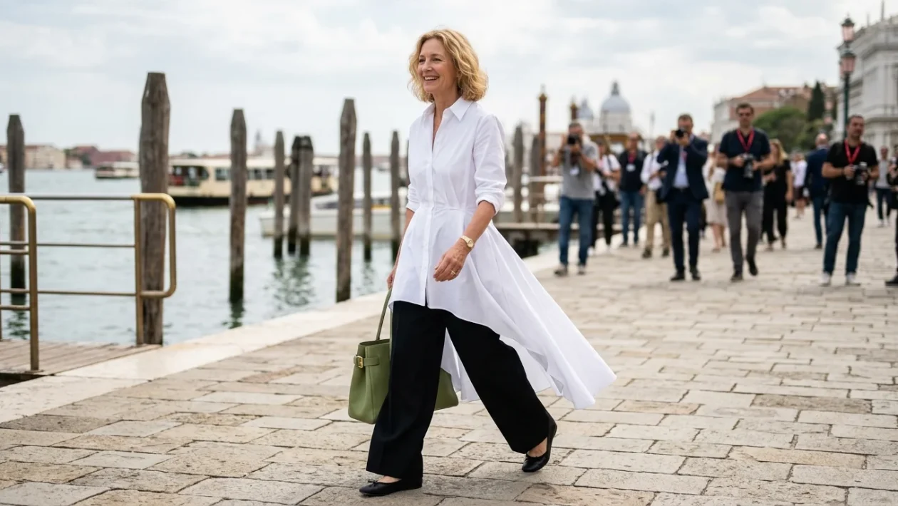Laura Dern al Festival di Venezia con camicia-abito e borsa Longchamp