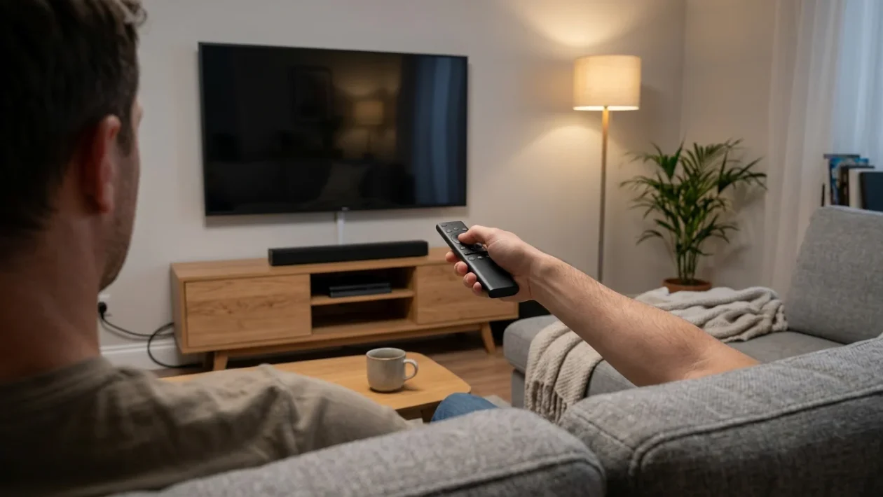 Telecomando puntato verso la TV con menu audio nelle impostazioni