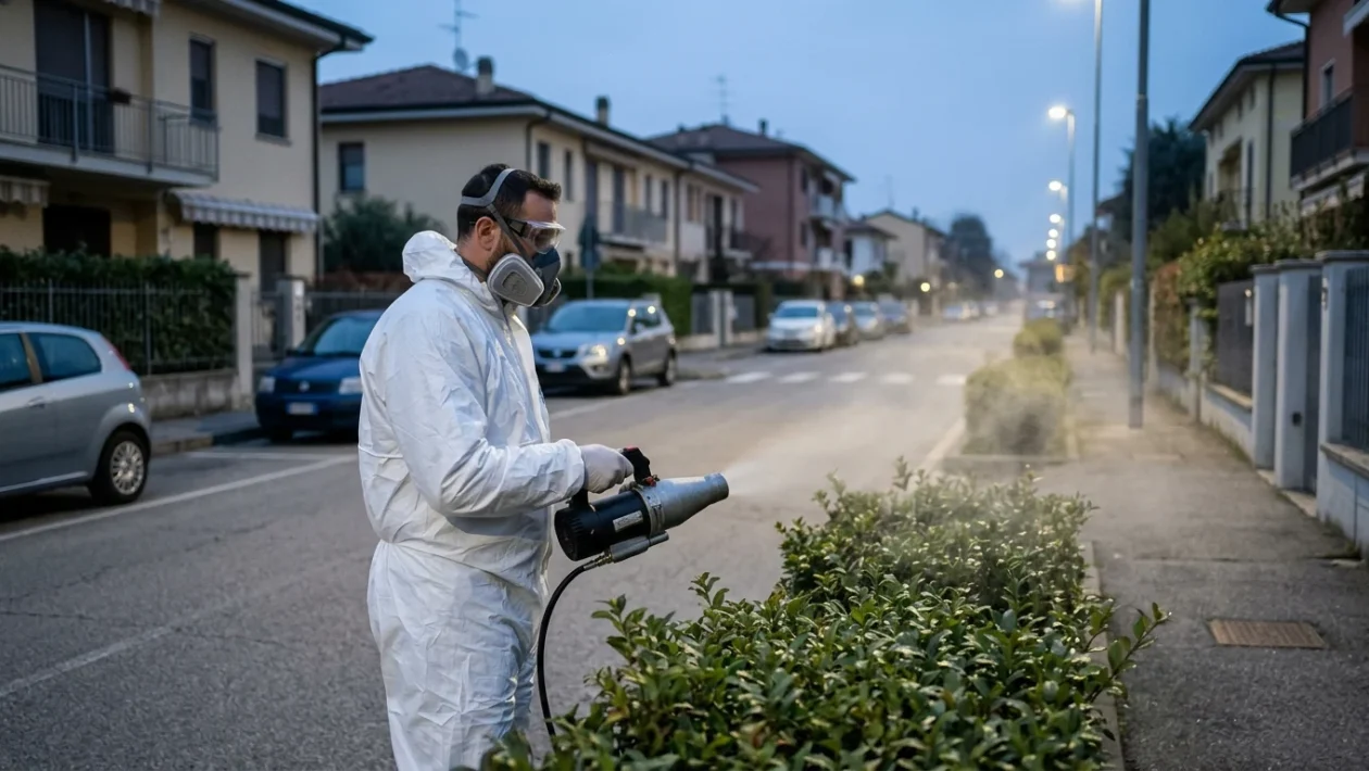 Operatore sanitario durante un intervento di disinfestazione antizanzare