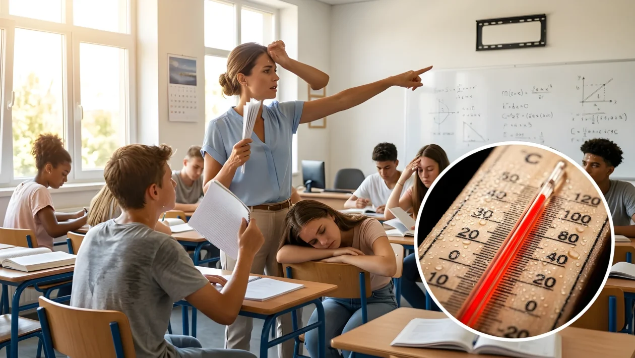 Aula scolastica vuota con banchi e finestre durante i mesi estivi