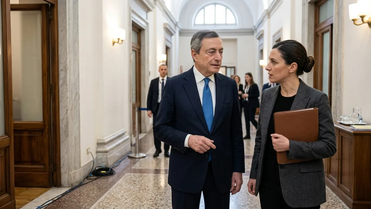 Simbolo e bandiere di Forza Italia durante un incontro istituzionale