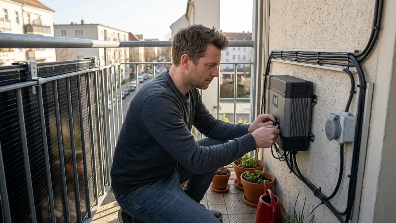 Pannello solare compatto installato sulla ringhiera di un balcone con unità di accumulo a terra