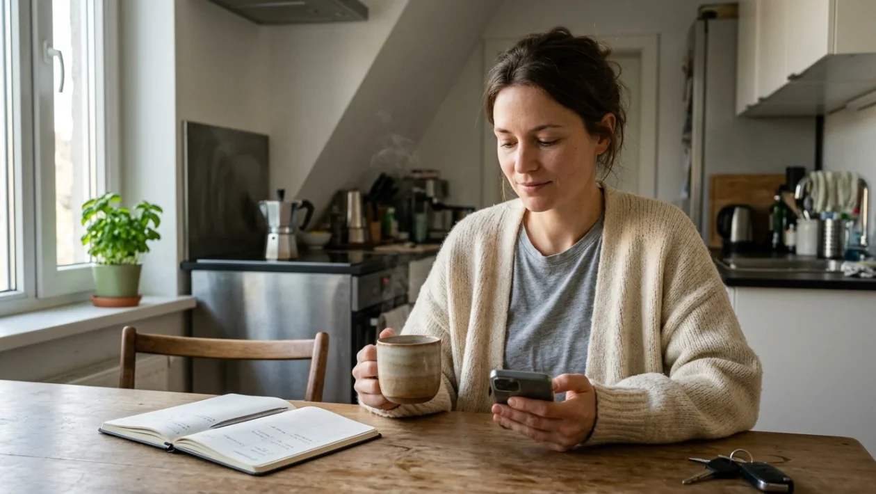 Tazza di caffè fumante sul tavolo accanto a un taccuino per iniziare la settimana