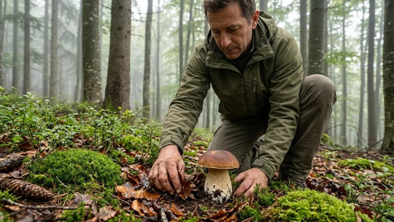 Fungo porcino fresco nel sottobosco umido tra muschio e foglie