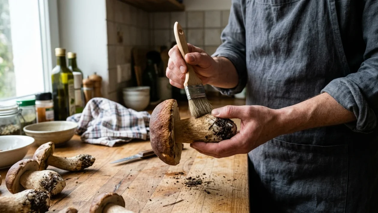 Funghi porcini freschi appoggiati su un tagliere di legno durante la pulizia del terriccio