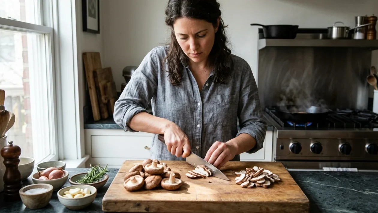 Funghi shiitake freschi tagliati su un tagliere di legno in cucina