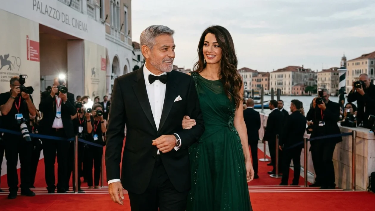 George Clooney e Amal Clooney sorridenti sul red carpet del Festival del Cinema di Venezia