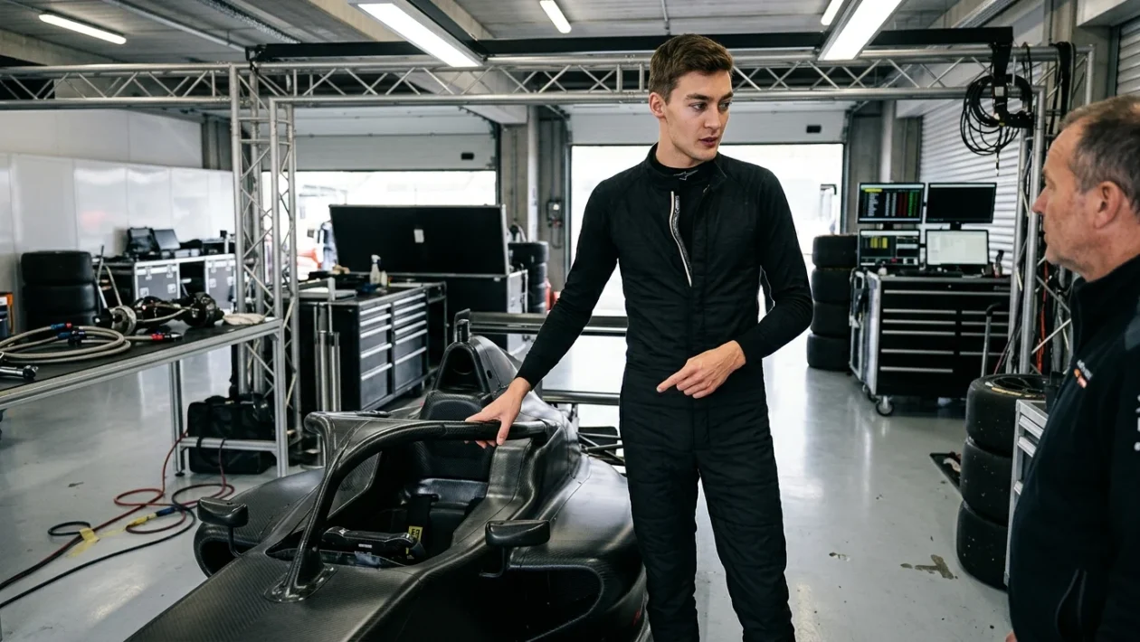 George Russell pilota di Formula 1 nel paddock