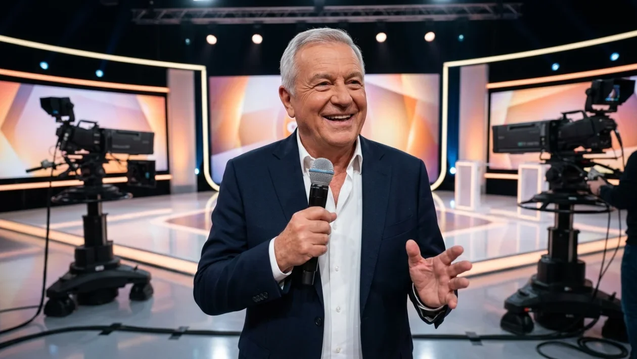 Gerry Scotti sorridente nello studio televisivo di Canale 5