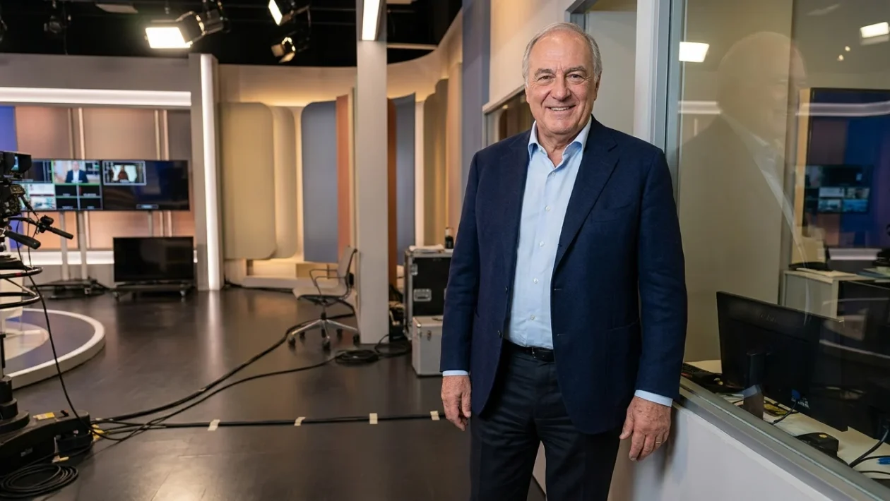 Gerry Scotti sorridente in studio televisivo durante la conduzione di un programma